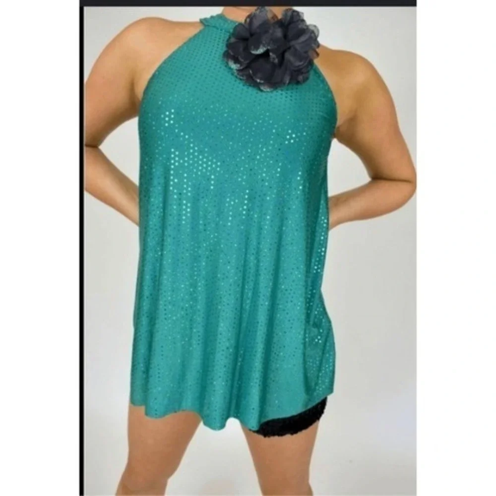 Revolution Dance Costume 2pc Teal Sequin Tunic Top Shorts Girls L Jazz Solo
